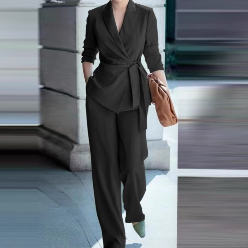 ✨🔥Eleganter Damen Hosenanzug: Blazer mit Bindegürtel und Hose mit weitem Bein💞