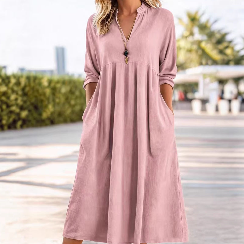 🔥Solange der Vorrat reicht 50 % Rabatt!🎉Damen Freizeit V-Ausschnitt Midi Kleid mit Taschen💞