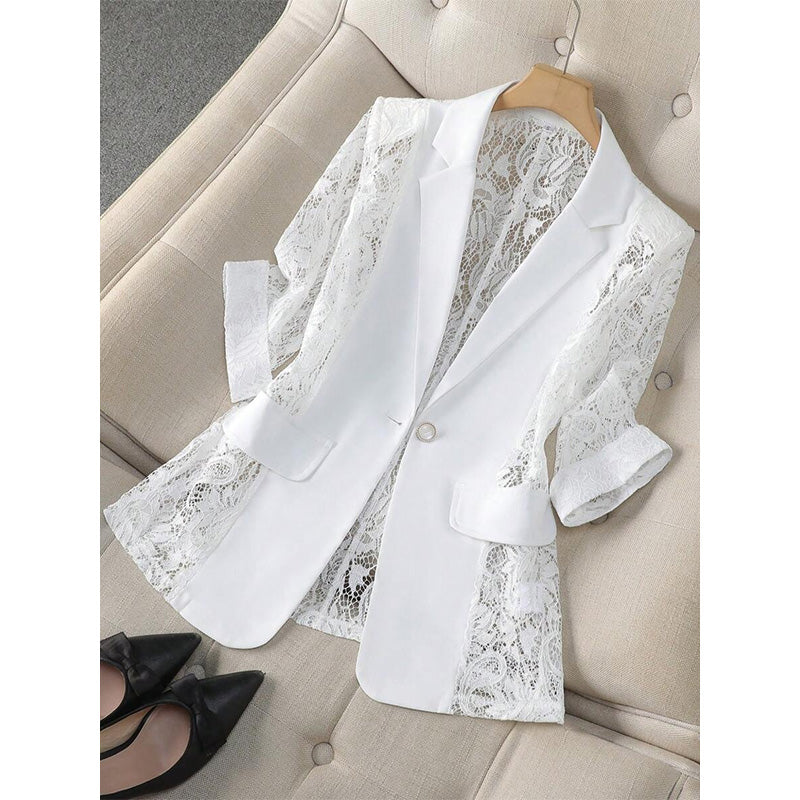 🧥 50% RABATT! 🤵♀️ Weißer Spitzen-Blazer – Slim Fit, 3/4-Ärmel & Eleganz für Tag & Nacht – Leicht, luftig – perfekt für Hochzeiten, Büro oder besondere Abende 👑