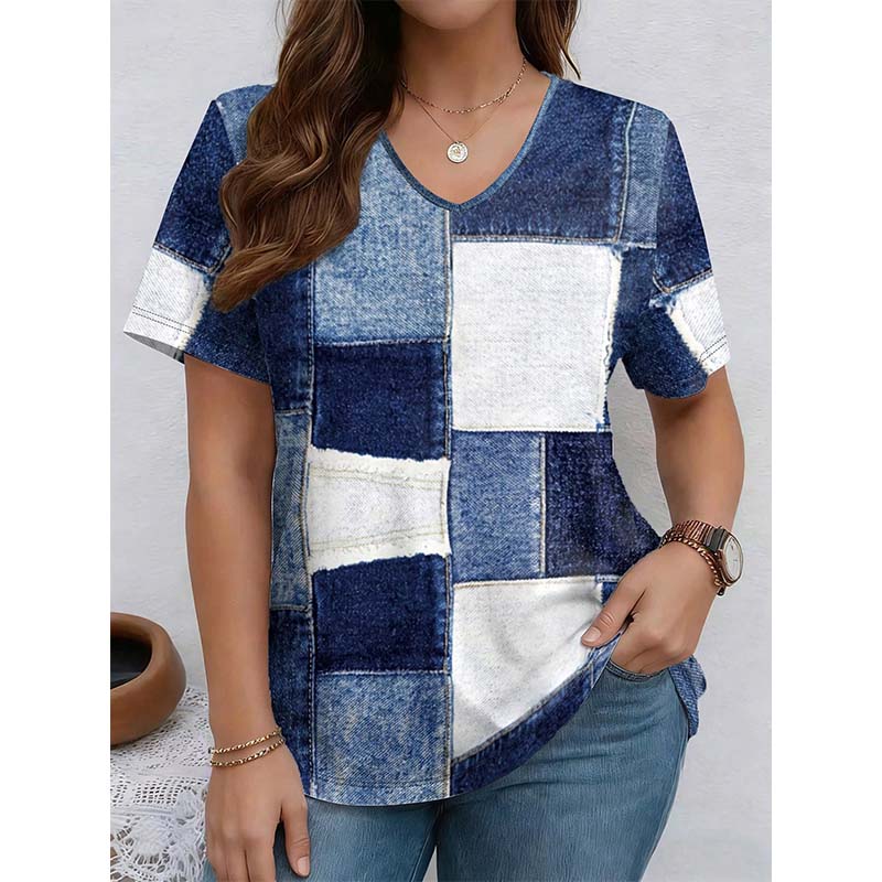 👕 Damen-T-Shirt mit V-Ausschnitt und schickem Denim-Print ✨