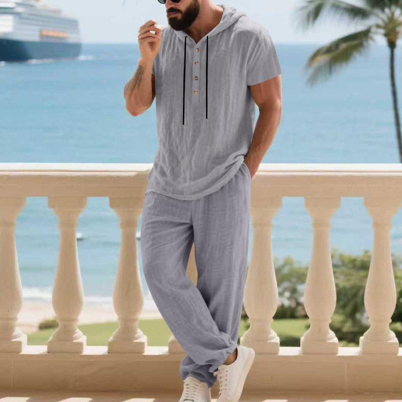 Herren 2-teiliges Leinen-Set Kapuzen-Henley-Hemd & Hose