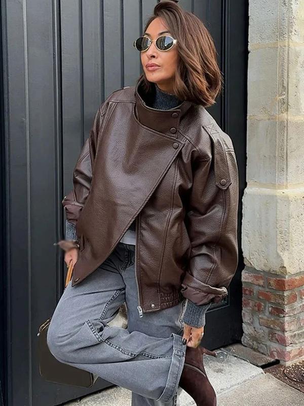 Schwarze Kunstlederjacke mit Stehkragen, übergroße Motorradjacke