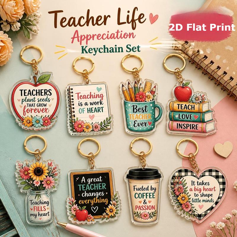 💖8pcs Motivational Teacher Appreciation Acrylic Keychain 2D Flat Colorful Floral Sayings Bag Charm Thank You Educator Gift🎁