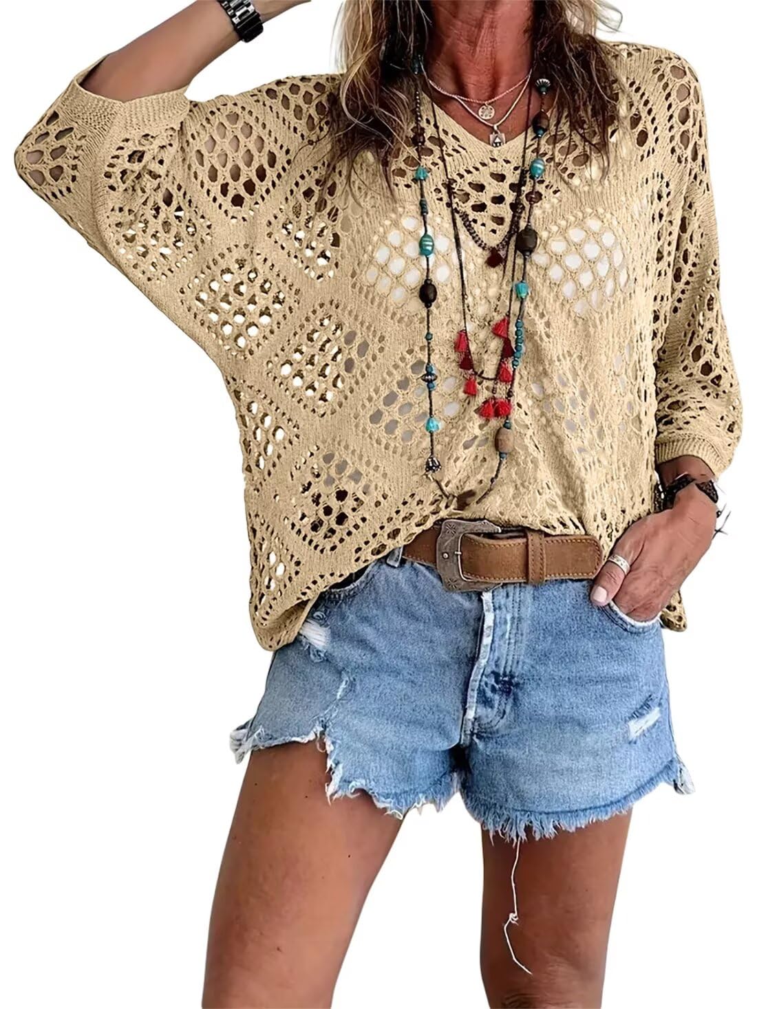 🔥💐FRÜHJAHRSANGEBOT⚡ÜBER 50.000 VERKAUFT!✨ Beige Häkeltop im Boho-Stil mit V-Ausschnitt für Damen