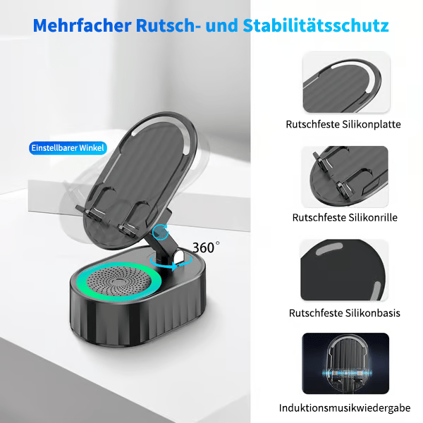 5-in-1 Handyhalterung mit kabellosem induktivem Audio-Bluetooth-Lautsprecher, 360° drehbarer LED-Halterung und universeller Lautsprecherhalterung