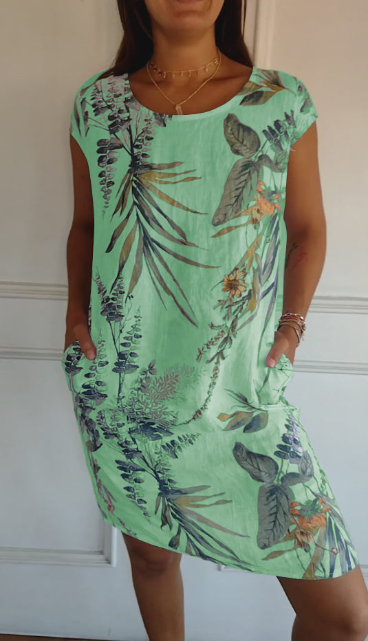 🌷❤️‍🔥Bedrucktes Kleid mit Rundhalsausschnitt aus Baumwolle und Leinen für Frauen🔥Kauf 2 Artikel versandkostenfrei🔥