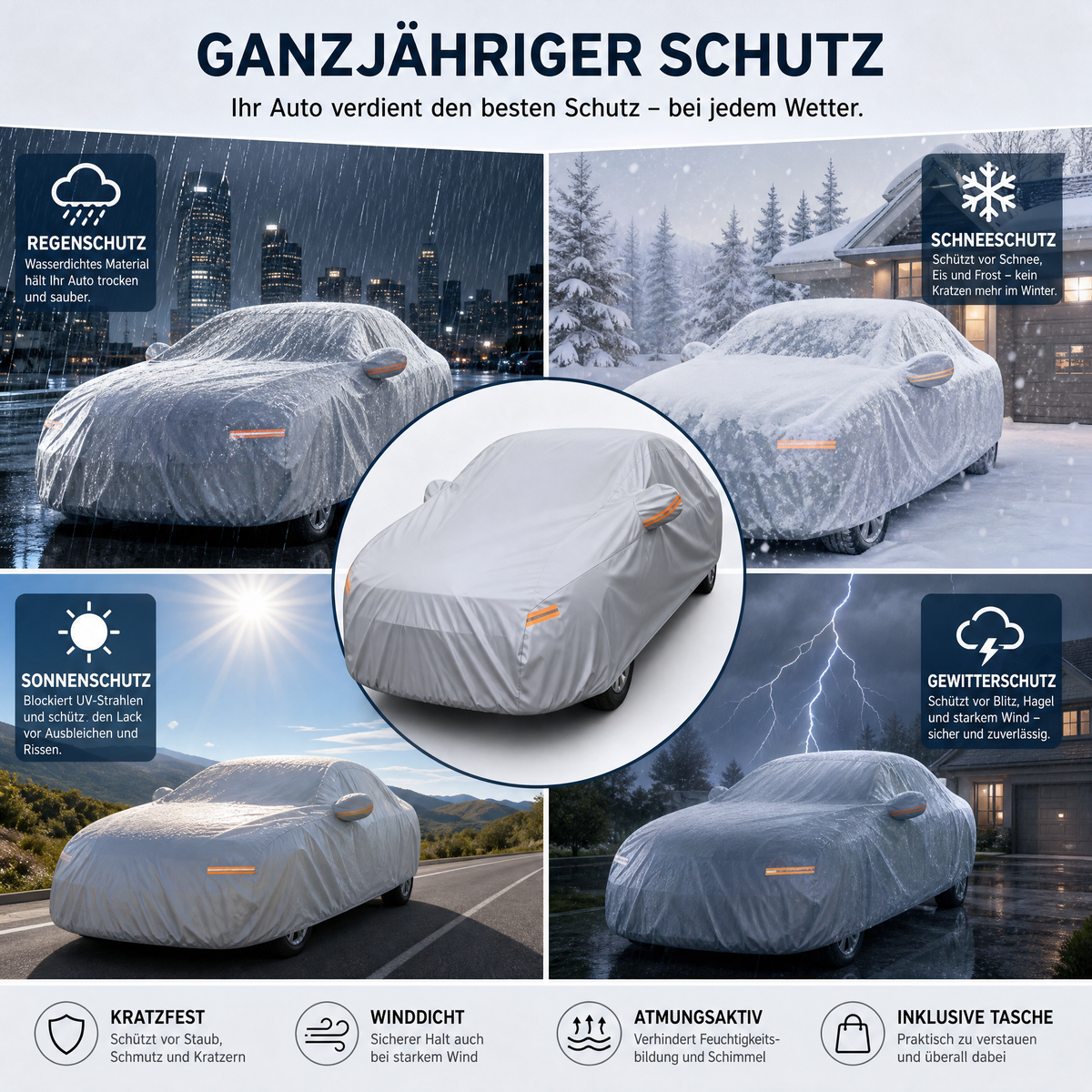 🚗  Ganzjahres-Autoabdeckung mit silberner Beschichtung – schützt vor Sonne, Regen & Staub, mit Spiegel-Taschen – für den Außenbereich geeignet 🛡️