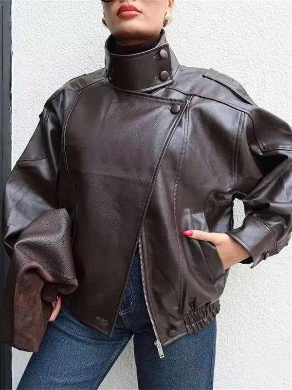 Schwarze Kunstlederjacke mit Stehkragen, übergroße Motorradjacke