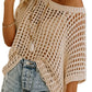 💥Womens Summer Scoop Neck ShortSleeve Sweater Casual Crochet Hollow Out Knit Top