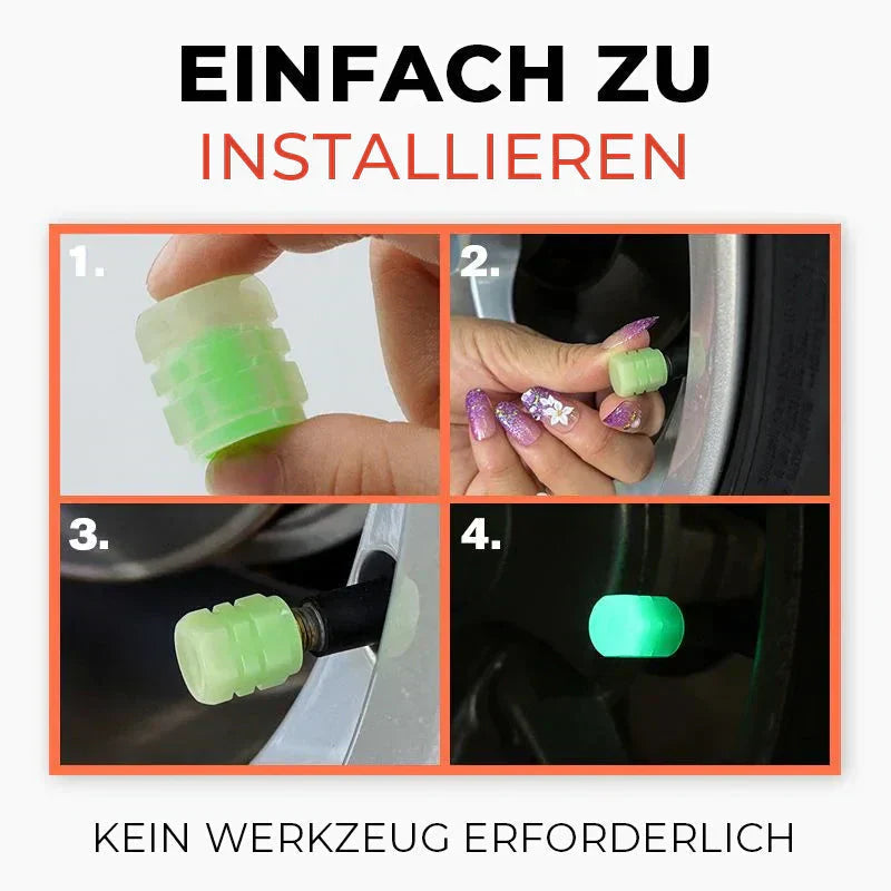 ⏳Limitiertes 50 % Rabatt⏰Leuchtende Nachtfahrer-Ventilkappen (Reifen-Ventilkappen) – 4 Stück, universell passend, originalgetreue Abdichtung & Diebstahlschutz 🛡️🔒