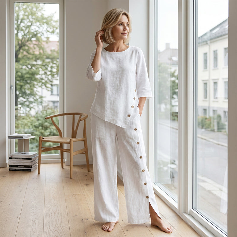 🌸Große Preisreduzierung🌸 Asymmetrisches Top mit weiter Hose – Zweiteiliges Damen-Outfit für Beruf und Freizeit