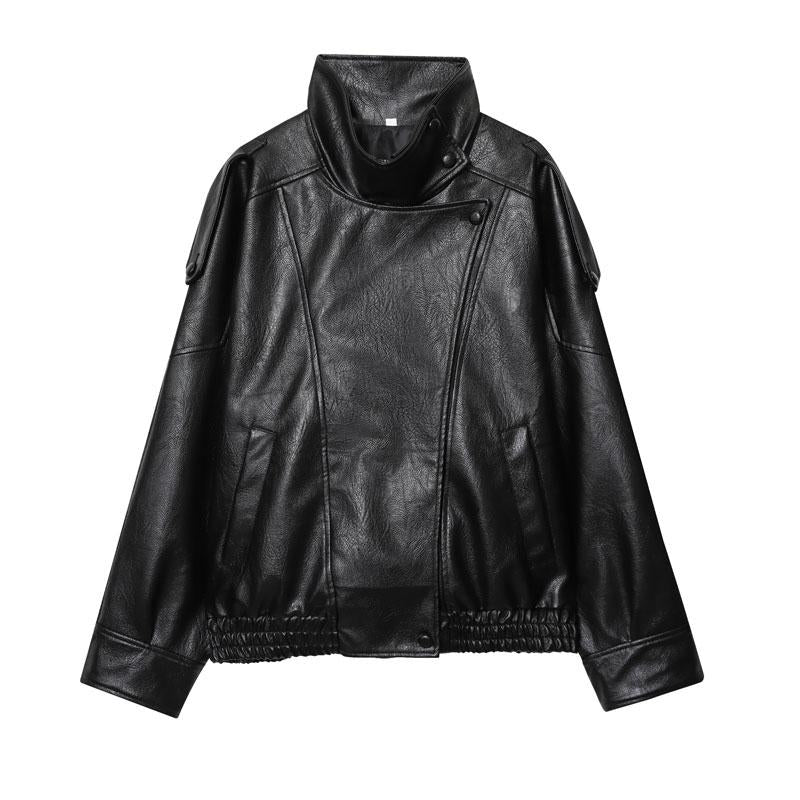 Schwarze Kunstlederjacke mit Stehkragen, übergroße Motorradjacke