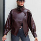 Schwarze Kunstlederjacke mit Stehkragen, übergroße Motorradjacke