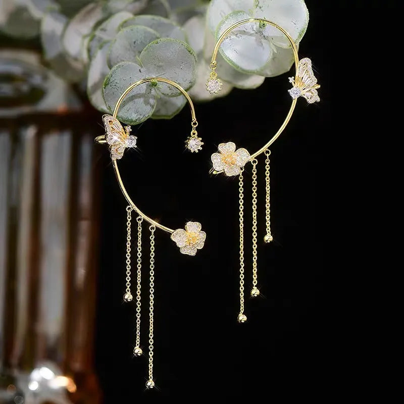 💕💕Schlichte Ohrclips mit Schmetterlings- und Blumenmotiv & Quasten – Elegant & bequem, ohne Ohrloch 🌸🦋