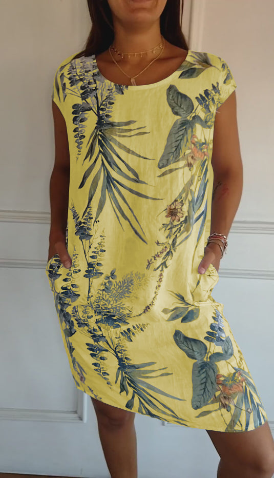 🌷❤️‍🔥Bedrucktes Kleid mit Rundhalsausschnitt aus Baumwolle und Leinen für Frauen🔥Kauf 2 Artikel versandkostenfrei🔥