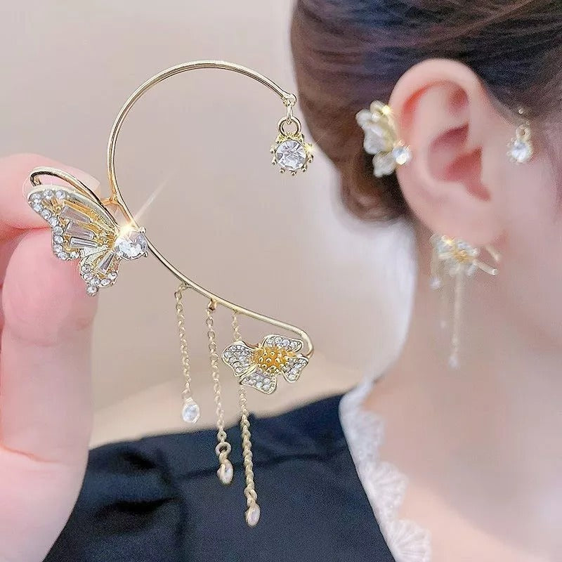 💕💕Schlichte Ohrclips mit Schmetterlings- und Blumenmotiv & Quasten – Elegant & bequem, ohne Ohrloch 🌸🦋