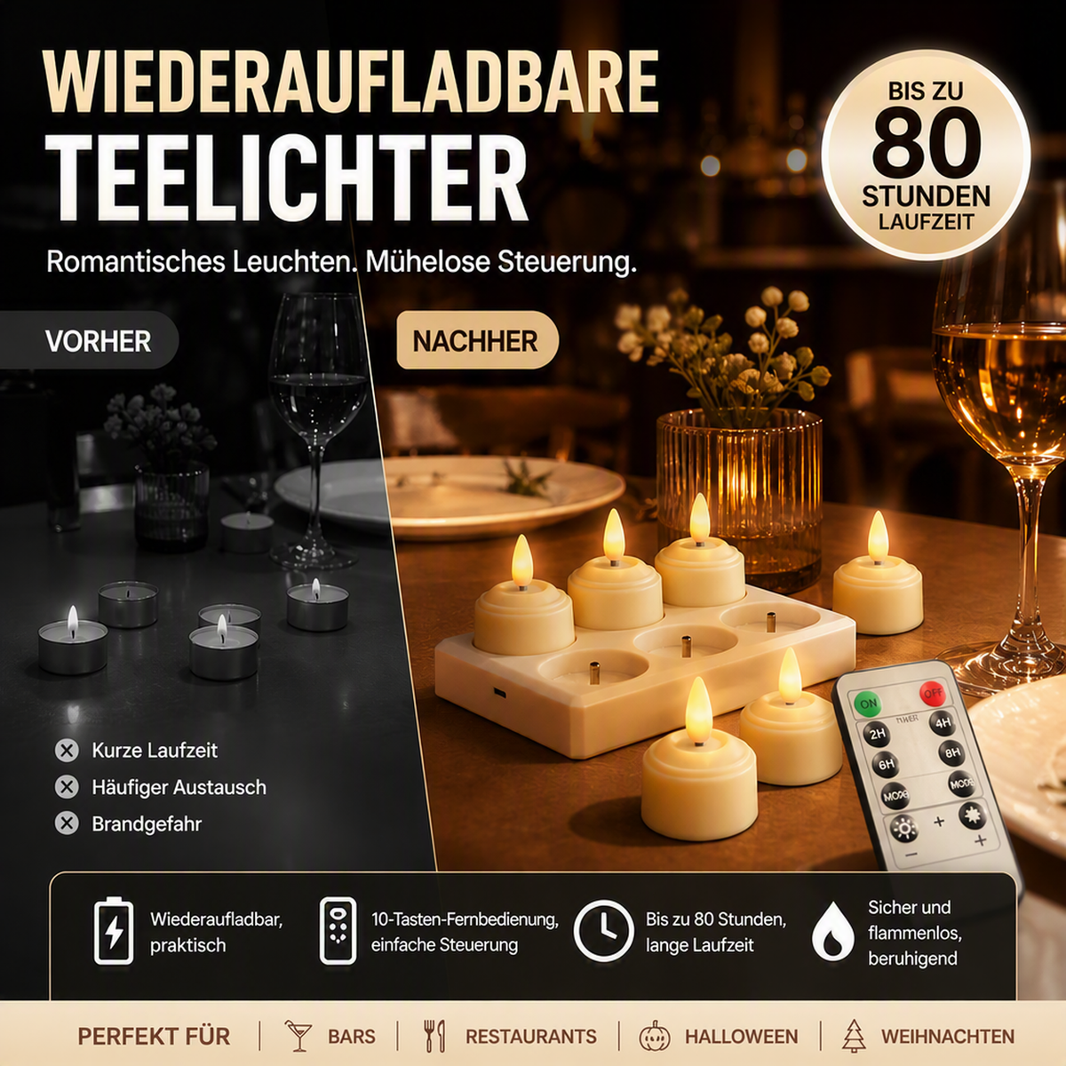🕯️ Wiederaufladbare LED-Teelichtkerze, Fernbedienung mit 10 Tasten und extrem langer Leuchtdauer von 80 Stunden, flammenlose, flackernde Kerzenlampe, über USB aufladbares Stimmungslicht für Halloween, Weihnachten, Hauspartys und Festtagsdekoration