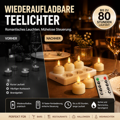 🕯️ Wiederaufladbare LED-Teelichtkerze, Fernbedienung mit 10 Tasten und extrem langer Leuchtdauer von 80 Stunden, flammenlose, flackernde Kerzenlampe, über USB aufladbares Stimmungslicht für Halloween, Weihnachten, Hauspartys und Festtagsdekoration