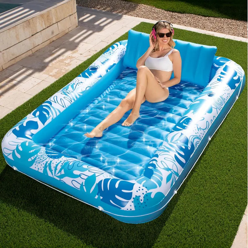 Sloosh XL Aufblasbarer Sonnenbad-Pool-Liegestuhl mit Becherhalter, 178x117cm Extra Große Pool-Schwimmliege für Erwachsene mit Kopfkissen, 4-in-1 Sonnenbadewanne Floatie, Schwimmbett-Liege für Wasser, aufblasbares Sofa Schwimmen