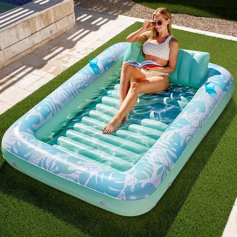 Sloosh XL Aufblasbarer Sonnenbad-Pool-Liegestuhl mit Becherhalter, 178x117cm Extra Große Pool-Schwimmliege für Erwachsene mit Kopfkissen, 4-in-1 Sonnenbadewanne Floatie, Schwimmbett-Liege für Wasser, aufblasbares Sofa Schwimmen