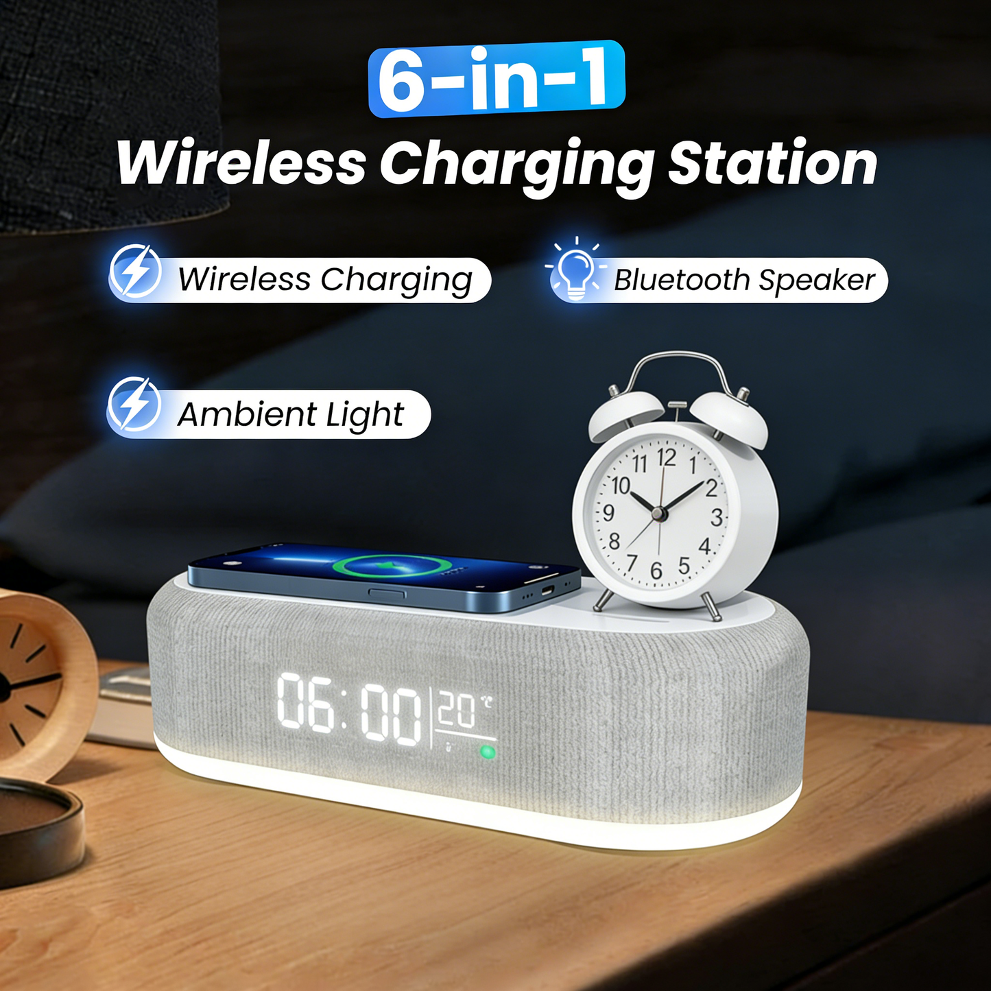 6-in-1 Kabellose Ladestation 15W – Uhr, Wecker, Lautsprecher & Nachtlicht