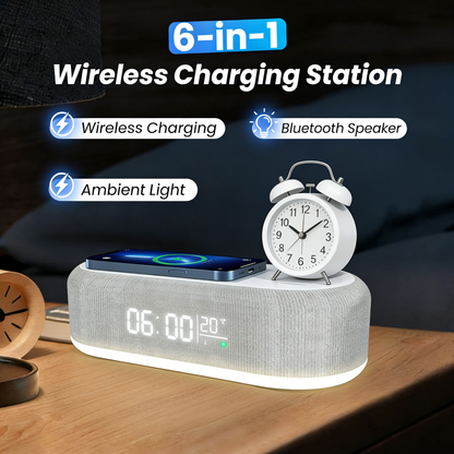 6-in-1 Kabellose Ladestation 15W – Uhr, Wecker, Lautsprecher & Nachtlicht