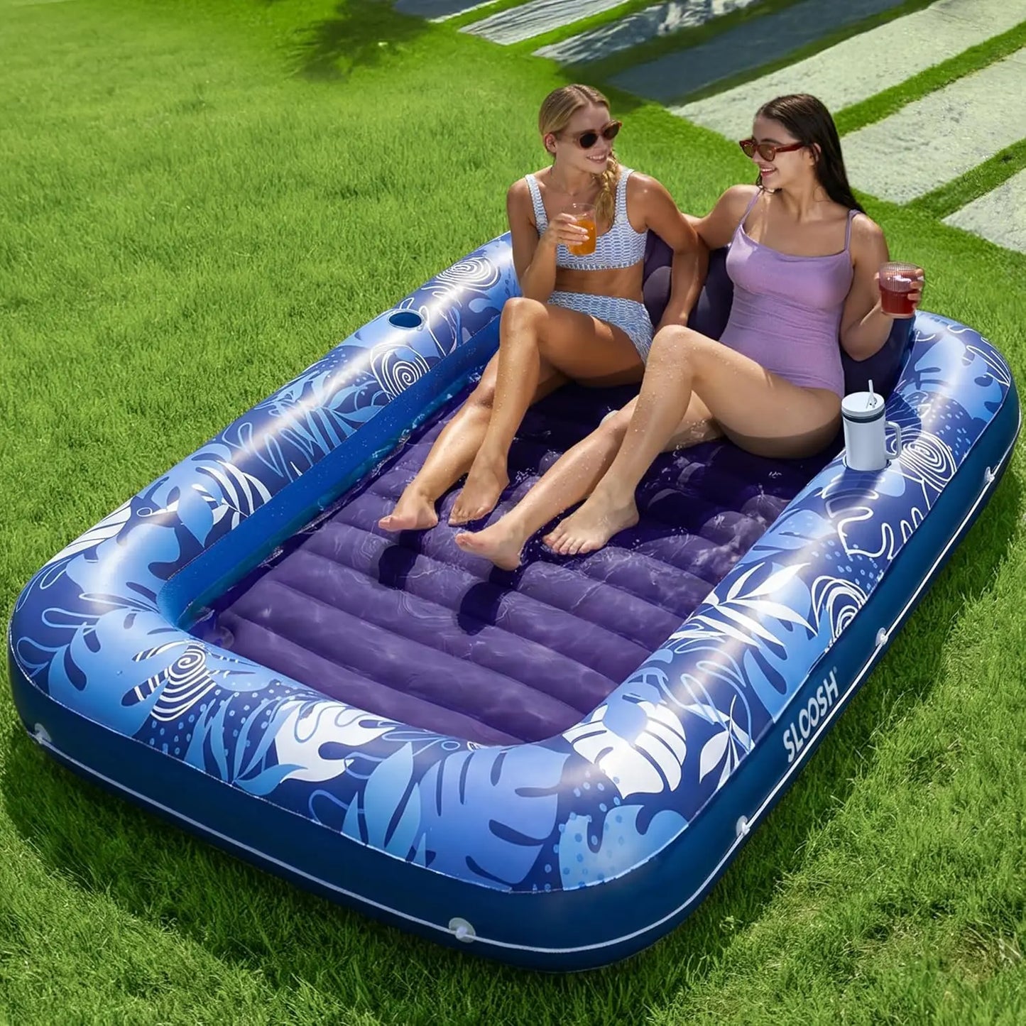 Sloosh XL Aufblasbarer Sonnenbad-Pool-Liegestuhl mit Becherhalter, 178x117cm Extra Große Pool-Schwimmliege für Erwachsene mit Kopfkissen, 4-in-1 Sonnenbadewanne Floatie, Schwimmbett-Liege für Wasser, aufblasbares Sofa Schwimmen