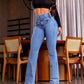 👖💕 Stretch-Schlagjeans mit hohem Bund – Perfekt für den Frühling! ✨ Bequem, schlank, nachhaltig 👖 Ideal für Alltag & Freizeit.