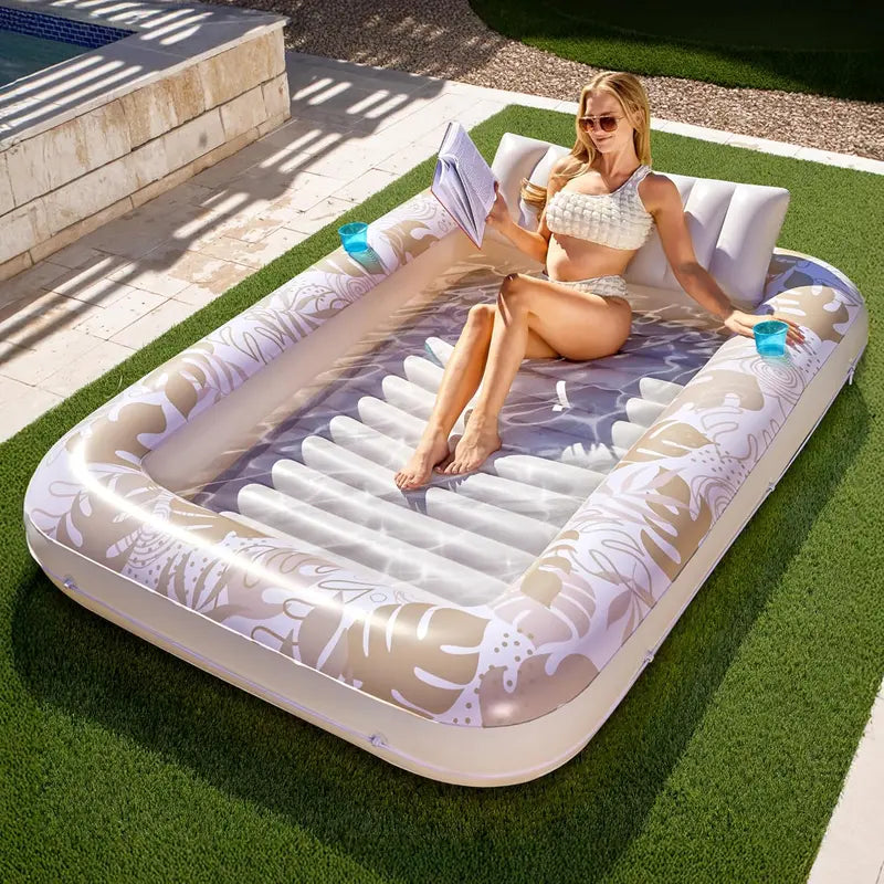 Sloosh XL Aufblasbarer Sonnenbad-Pool-Liegestuhl mit Becherhalter, 178x117cm Extra Große Pool-Schwimmliege für Erwachsene mit Kopfkissen, 4-in-1 Sonnenbadewanne Floatie, Schwimmbett-Liege für Wasser, aufblasbares Sofa Schwimmen