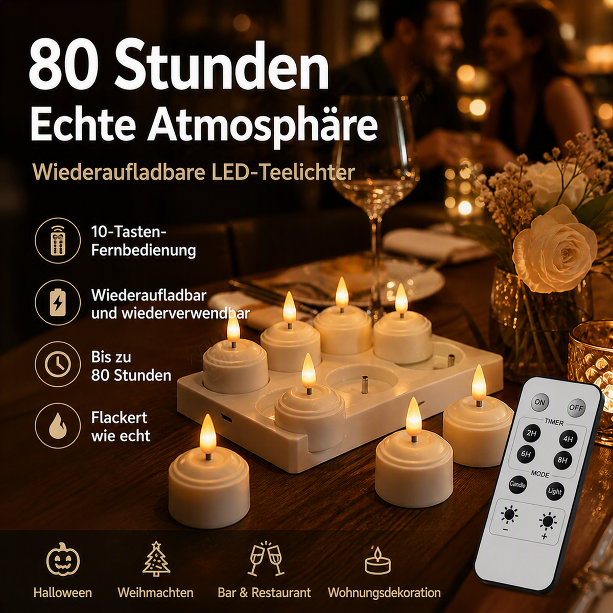 🕯️ Wiederaufladbare LED-Teelichtkerze, Fernbedienung mit 10 Tasten und extrem langer Leuchtdauer von 80 Stunden, flammenlose, flackernde Kerzenlampe, über USB aufladbares Stimmungslicht für Halloween, Weihnachten, Hauspartys und Festtagsdekoration