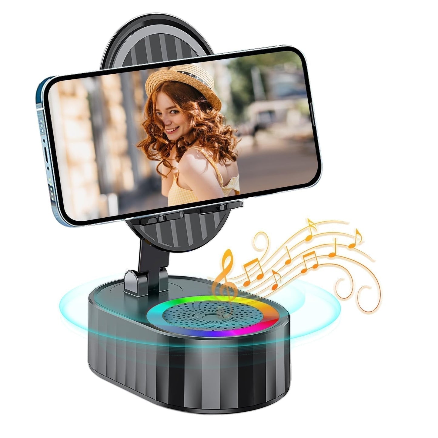 5-in-1 Handyhalterung mit kabellosem induktivem Audio-Bluetooth-Lautsprecher, 360° drehbarer LED-Halterung und universeller Lautsprecherhalterung