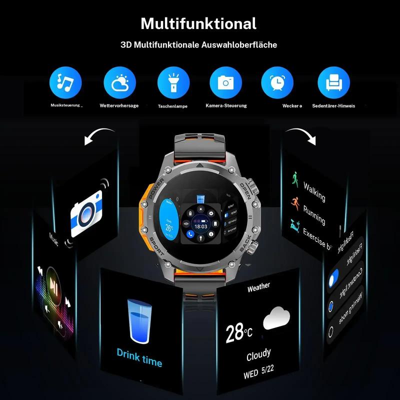 ⌚ 50% Rabatt ！1,52'' HD Smartwatch Herren | Anruf, Musik, IP68 | Lange Akkulaufzeit