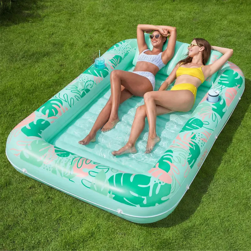 Sloosh XL Aufblasbarer Sonnenbad-Pool-Liegestuhl mit Becherhalter, 178x117cm Extra Große Pool-Schwimmliege für Erwachsene mit Kopfkissen, 4-in-1 Sonnenbadewanne Floatie, Schwimmbett-Liege für Wasser, aufblasbares Sofa Schwimmen