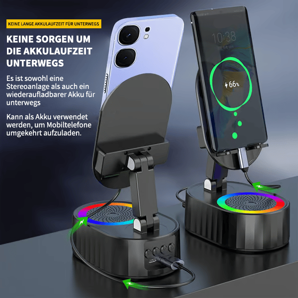 5-in-1 Handyhalterung mit kabellosem induktivem Audio-Bluetooth-Lautsprecher, 360° drehbarer LED-Halterung und universeller Lautsprecherhalterung