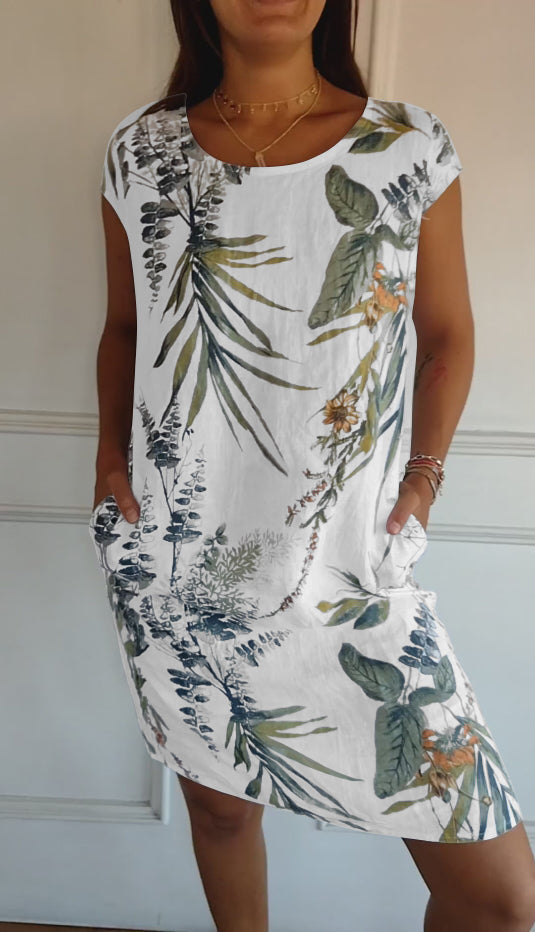 🌷❤️‍🔥Bedrucktes Kleid mit Rundhalsausschnitt aus Baumwolle und Leinen für Frauen🔥Kauf 2 Artikel versandkostenfrei🔥