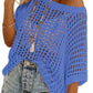 💥Womens Summer Scoop Neck ShortSleeve Sweater Casual Crochet Hollow Out Knit Top
