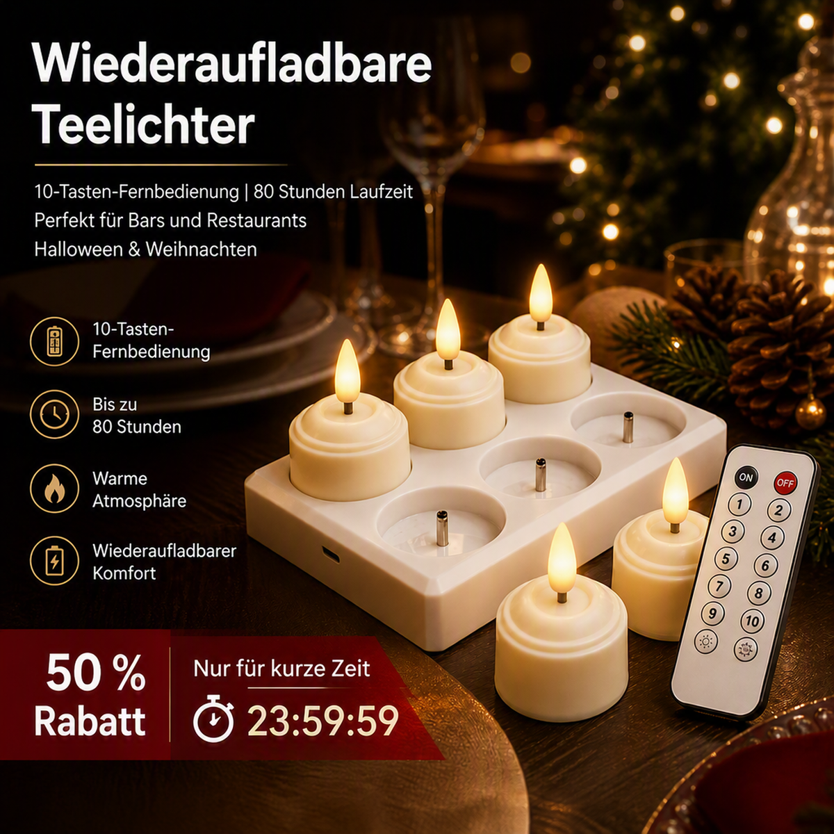 🕯️ Wiederaufladbare LED-Teelichtkerze, Fernbedienung mit 10 Tasten und extrem langer Leuchtdauer von 80 Stunden, flammenlose, flackernde Kerzenlampe, über USB aufladbares Stimmungslicht für Halloween, Weihnachten, Hauspartys und Festtagsdekoration