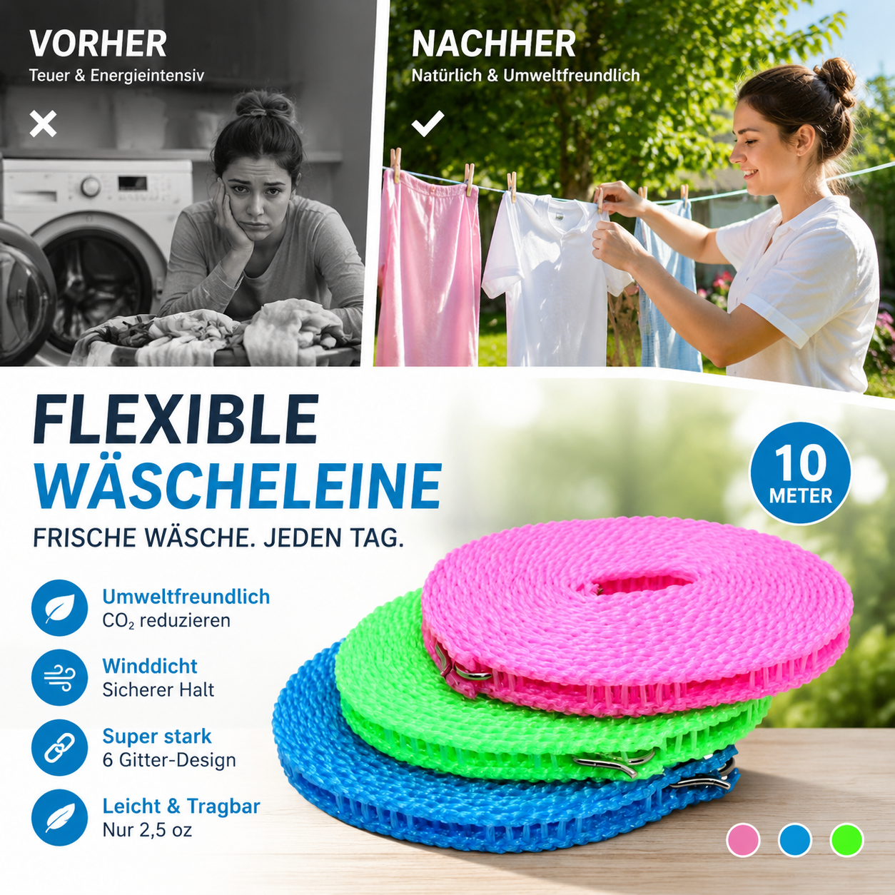 🧺 50% RABATT! 🔥 Rutschfeste Wäscheleine – Langlebig & UV-beständig – Perfekt für Balkon, Garten oder Waschküche – hält Kleidung sicher an Ort und Stelle ☀️