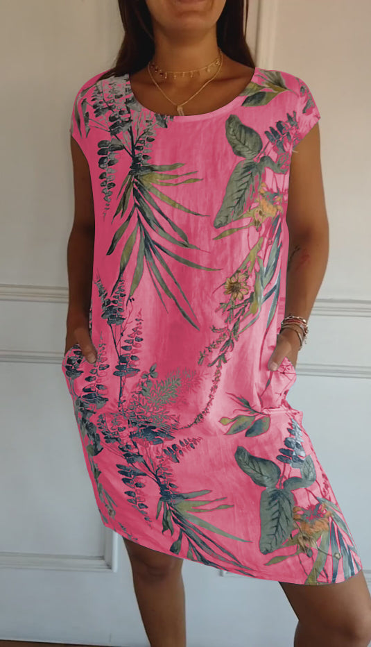 🌷❤️‍🔥Bedrucktes Kleid mit Rundhalsausschnitt aus Baumwolle und Leinen für Frauen🔥Kauf 2 Artikel versandkostenfrei🔥
