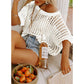 💥Womens Summer Scoop Neck ShortSleeve Sweater Casual Crochet Hollow Out Knit Top