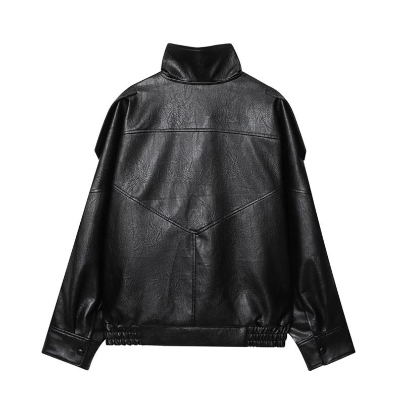 Schwarze Kunstlederjacke mit Stehkragen, übergroße Motorradjacke