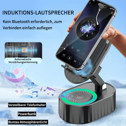 5-in-1 Handyhalterung mit kabellosem induktivem Audio-Bluetooth-Lautsprecher, 360° drehbarer LED-Halterung und universeller Lautsprecherhalterung