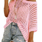 💥Womens Summer Scoop Neck ShortSleeve Sweater Casual Crochet Hollow Out Knit Top