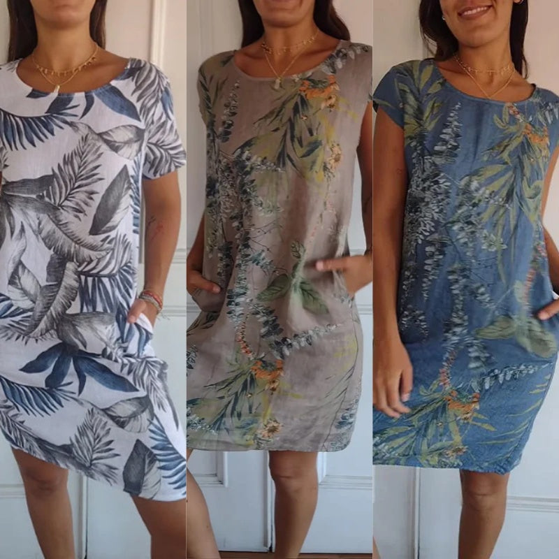 🌷❤️‍🔥Bedrucktes Kleid mit Rundhalsausschnitt aus Baumwolle und Leinen für Frauen🔥Kauf 2 Artikel versandkostenfrei🔥