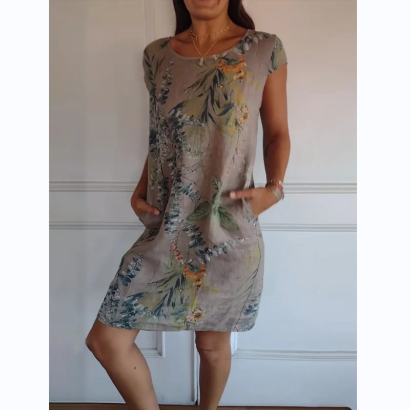 🌷❤️‍🔥Bedrucktes Kleid mit Rundhalsausschnitt aus Baumwolle und Leinen für Frauen🔥Kauf 2 Artikel versandkostenfrei🔥