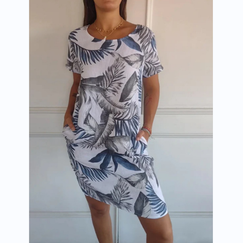 🌷❤️‍🔥Bedrucktes Kleid mit Rundhalsausschnitt aus Baumwolle und Leinen für Frauen🔥Kauf 2 Artikel versandkostenfrei🔥