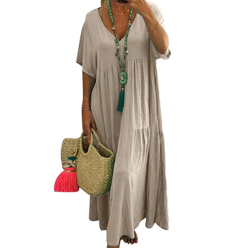 👗🌸 LIMITIERTES ANGEBOT: 50% RABATT! Lässiges Langes Damenkleid – Kurze Ärmel, V-Ausschnitt, Lockerer Schnitt ✨