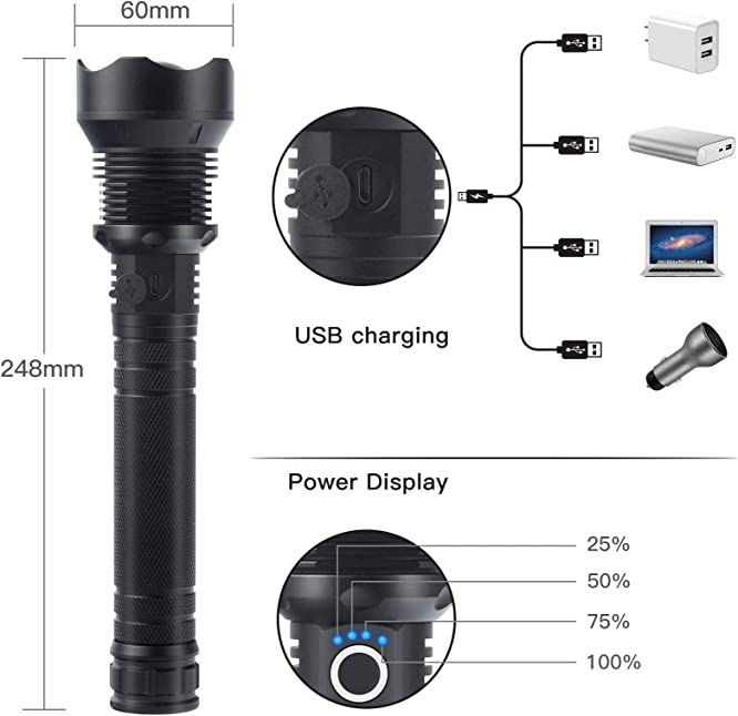✨ 20000 Lumen Taktische LED-Taschenlampe – 3 Jahre Garantie, wiederaufladbar & als Powerbank nutzbar! ⚡🔦