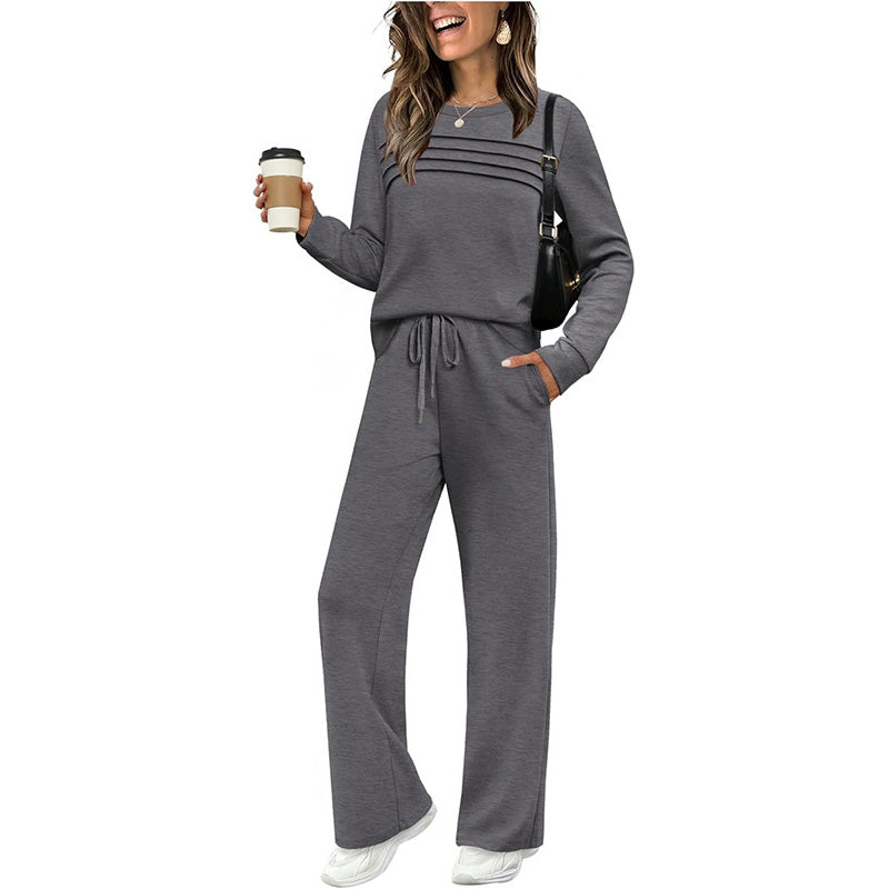 🔥LETZTER TAG 60 % RABATT💓Set aus Damen-Oberteil mit Rundhalsausschnitt und Hose mit Kordelzug💯