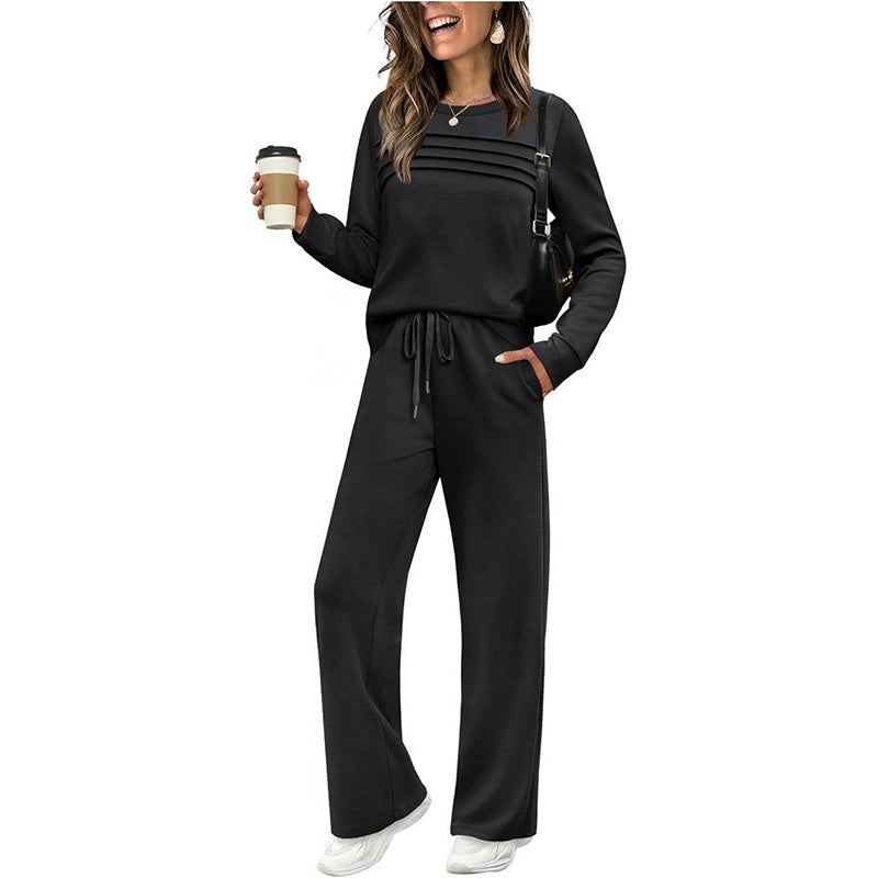 🔥LETZTER TAG 60 % RABATT💓Set aus Damen-Oberteil mit Rundhalsausschnitt und Hose mit Kordelzug💯